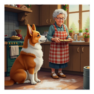 Póster Pintura de Natal da Corgi Assando com a Vovó