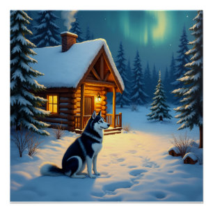 Póster Pintura de Natal de Cabana Nevada com Husky Siberi