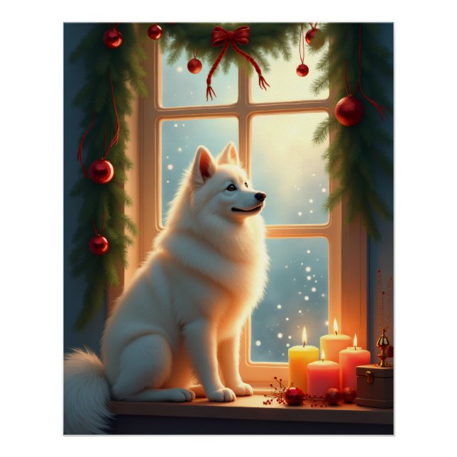 Póster Pintura de Natal do Samoyed sob o Azevinho (Frente)