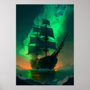 Poster Pintura de nave fantasma com brilho solar verde