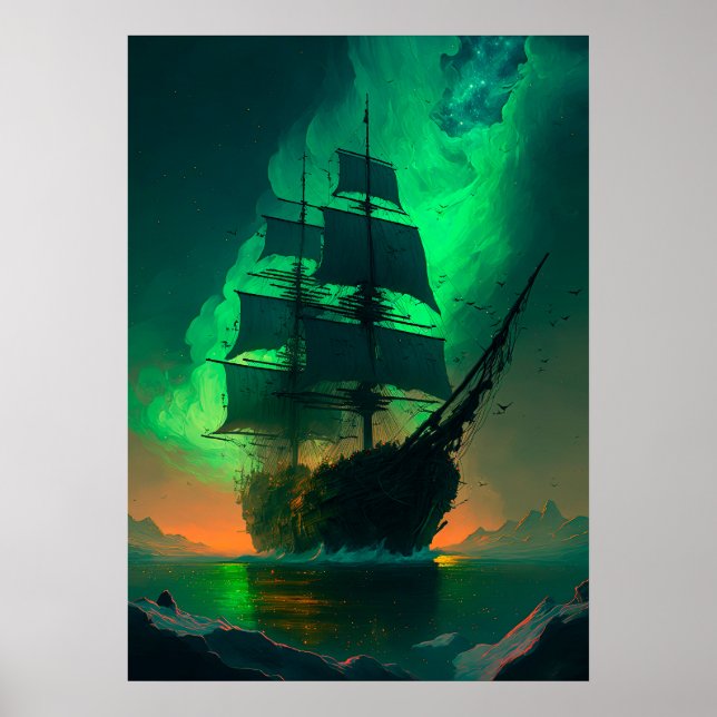 Poster Pintura de nave fantasma com brilho solar verde (Frente)