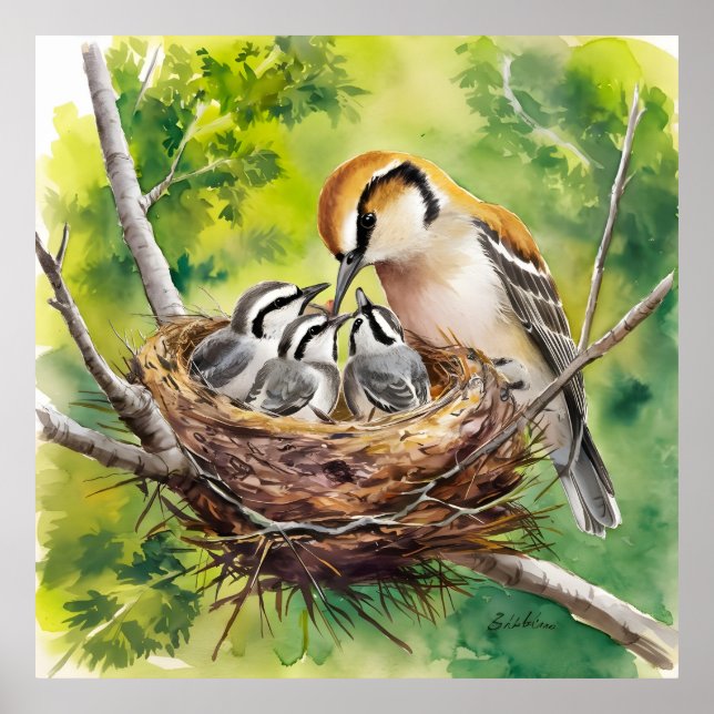 Poster Pintura de ninho de pássaro doce (Frente)