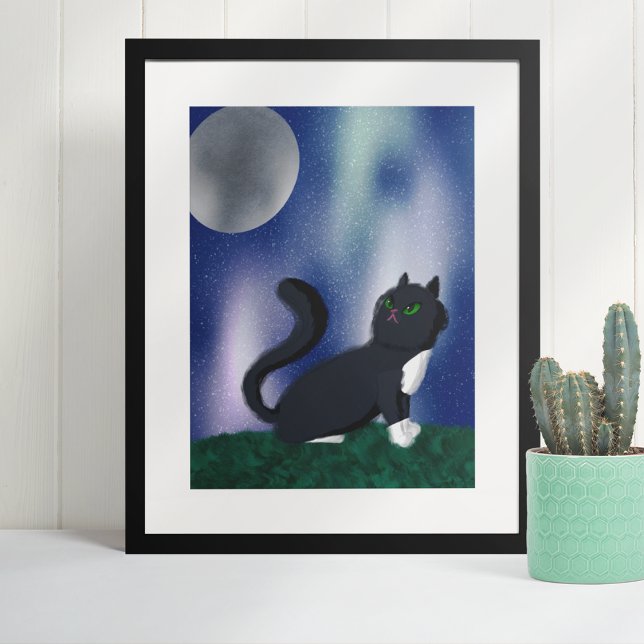 Poster Pintura de Noite Estelar de Gato Negro (Criador carregado)
