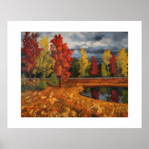 Poster Pintura de Óleo da Paisagem de Outono na Canvas - 