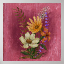 Poster Pintura de óleo de flor amarela e branca