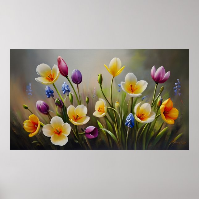 Poster Pintura de óleo de flores da primavera (Frente)