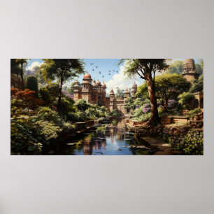 Poster Pintura de óleo de jardim de recreio na Índia do s