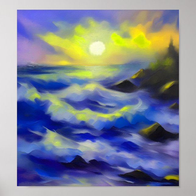 Poster Pintura de ondas azuis escuras sob o sol (Frente)