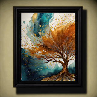 Poster Pintura de Paisagem Abstrata Dourado Ferrugem Azul