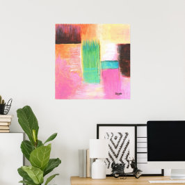 Póster Pintura de Paisagem Abstrata Rosa Marrom Laranja