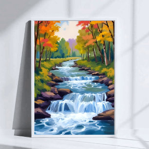 Poster Pintura de Paisagem da Natureza com Cachoeira