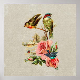 Poster Pintura de Paisagem de Aves e Rosas Justas Vintage