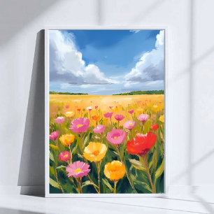 Poster Pintura de Paisagem de Campo de Flores Arte Cartaz