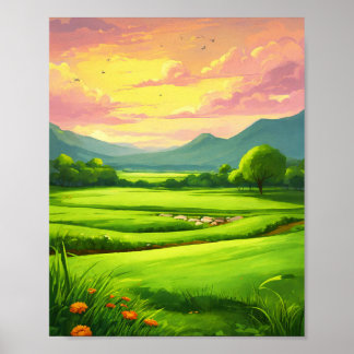 Poster Pintura de Paisagem de Campo de Grama do Estilo de