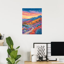 Poster Pintura de Paisagem de Montanha Surrealista ao Pôr