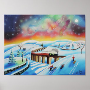 Poster Pintura de paisagem do trem da aurora boreal
