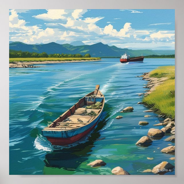 Poster Pintura de parede de um barco no mar e de um navio (Frente)