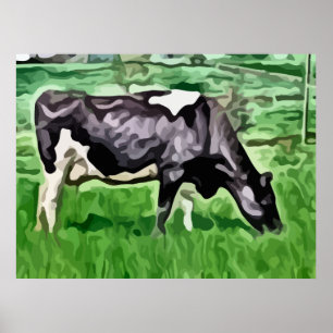 Póster Pintura de pastagem de vacas brancas e pretas.