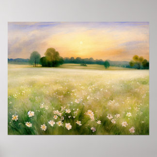 Poster Pintura de prados de flor branca - vindima