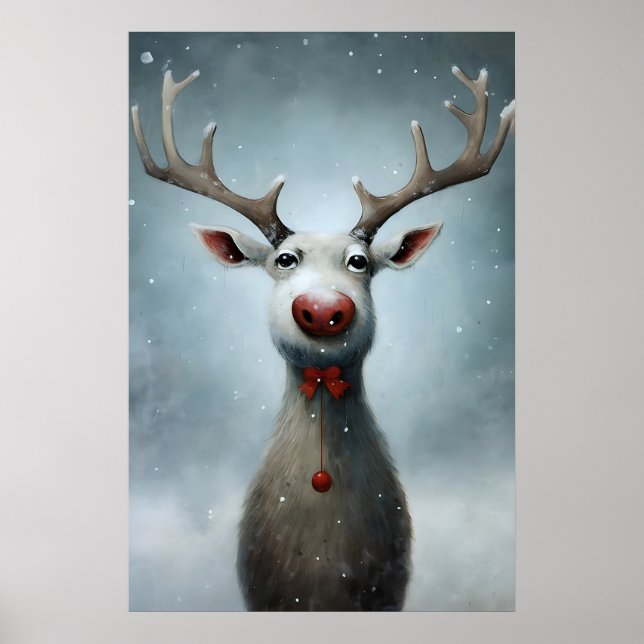 Poster Pintura de Rena de Natal, Parede de Inverno Rústic (Frente)
