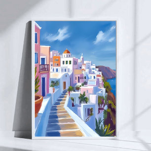 Poster Pintura de Santorini Grécia Aquarela Viagem
