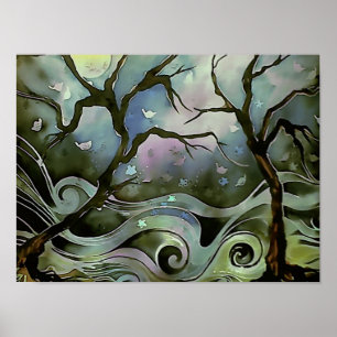 Poster pintura de seda lunar na cena de cheio na árvore 