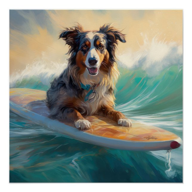 Póster Pintura de Surf na Praia do Australian Shepherd (Frente)