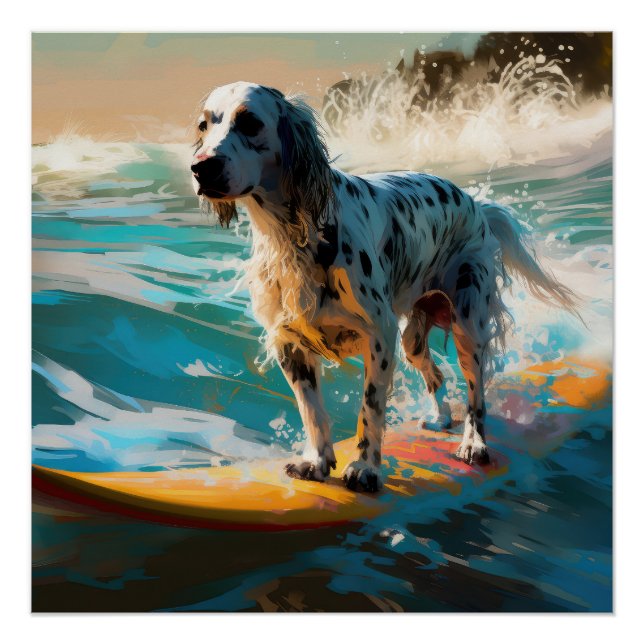 Póster Pintura de Surf na Praia do Setter Inglês (Frente)