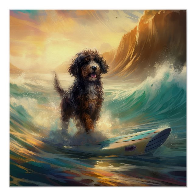 Póster Pintura de surfe na praia de Bernedoodle (Frente)