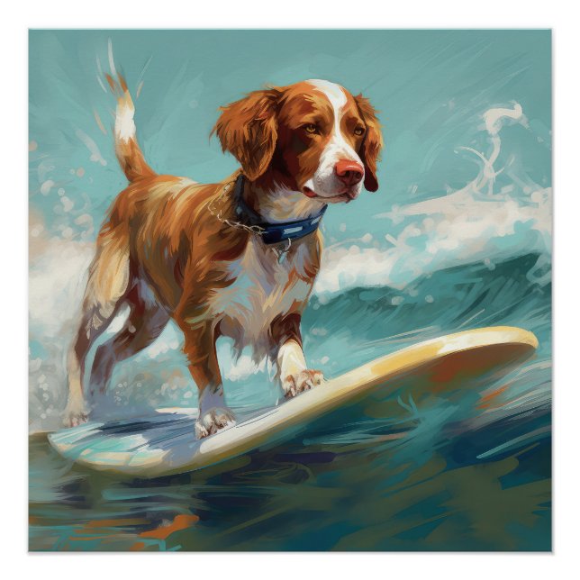Póster Pintura de surfe na praia de Brittany Spaniel (Frente)