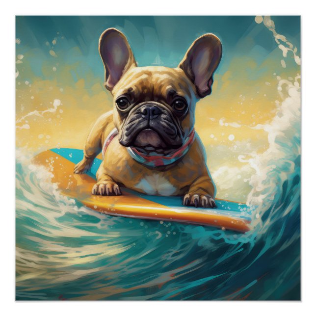 Póster Pintura de surfe na praia do Buldogue francês (Frente)