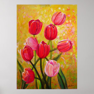Poster Pintura de Tulipas Rosa e Vermelha