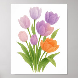 Poster Pintura de Tulipas Roxas e Laranjas Arte Floral de