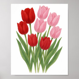 Poster Pintura de Tulipas Vermelhas e Rosadas Arte Floral