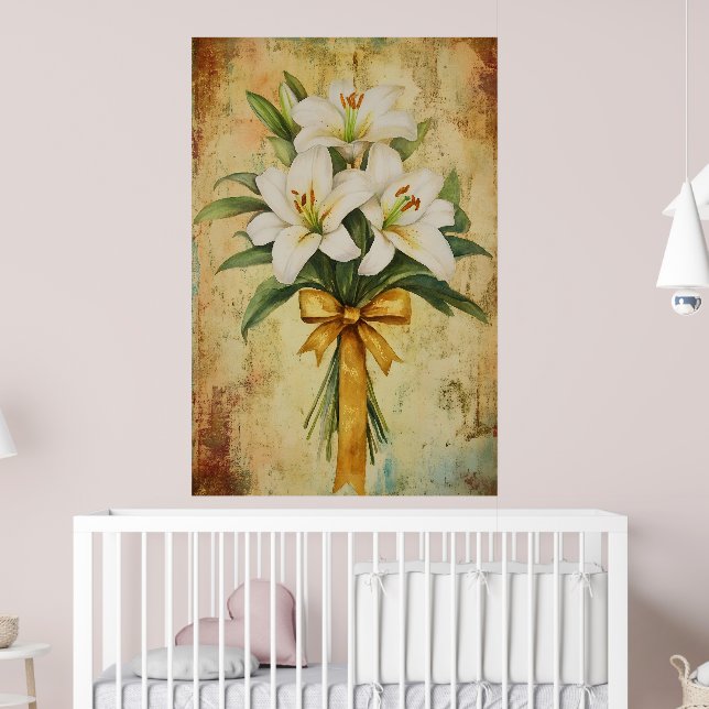 Poster Pintura de um buquê de lírios brancos com um doura (Berçário 2)