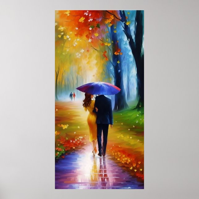 Poster pintura de um casal andando na chuva (Frente)