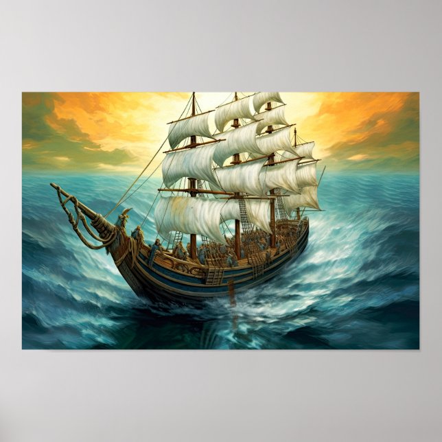 Poster Pintura de um grande navio à vela num mar azul (Frente)