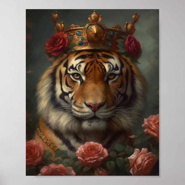 Poster Pintura de um tigre com uma coroa e Rosas (Frente)