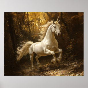 Poster Pintura de um unicórnio correndo pela floresta