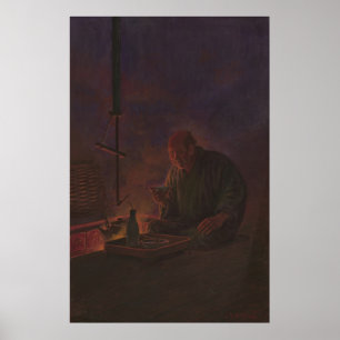 Póster Pintura de uma causa japonesa do bebendo do homem