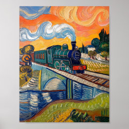 Poster Pintura de uma locomotiva a vapor antiga cruzando 