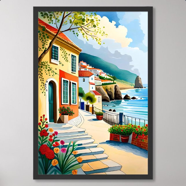 Poster pintura de vilarejo em penhasco de praia flores de (village painting on beach cliff decorated flowers)