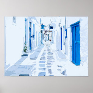 Poster Pintura digital de cor d'água da Grécia MyKonos