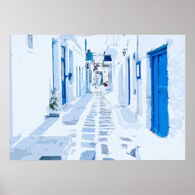 Poster Pintura digital de cor d'água da Grécia MyKonos (Frente)