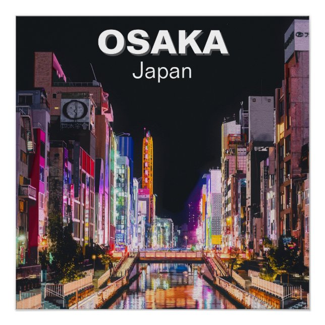 Póster Pintura digital de Osaka Japão à noite (Frente)