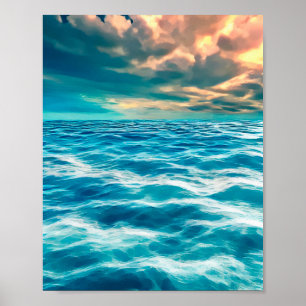 Poster Pintura digital do céu nublado no oceano azul