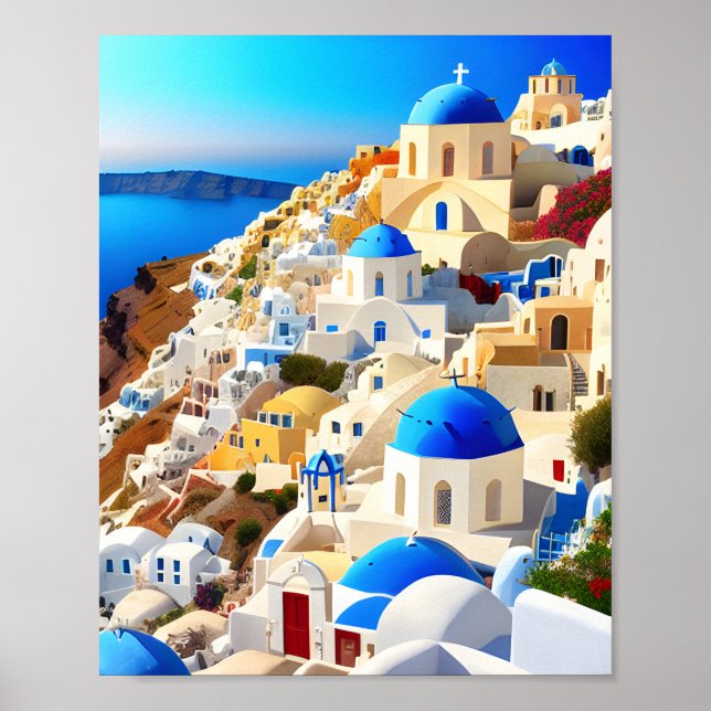 Poster Pintura Digital Grécia da Ilha Santorini (Frente)