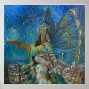 Póster Pintura do coelho da coruja do lobo do nativo