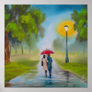 POSTER PINTURA DO GUARDA-CHUVA DO CASAL DO DIA CHUVOSO