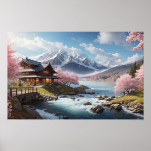 Poster Pintura do maravilhoso Sakura Japonês com River